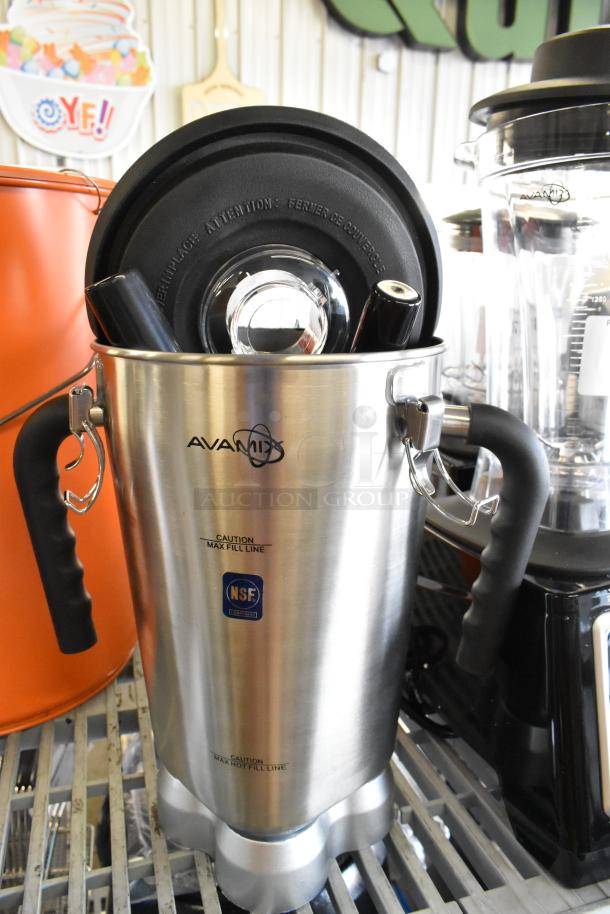 AvaMix stainless steel blender pitcher, brand new, with black handles, NSF-certified, and max fill line markings.