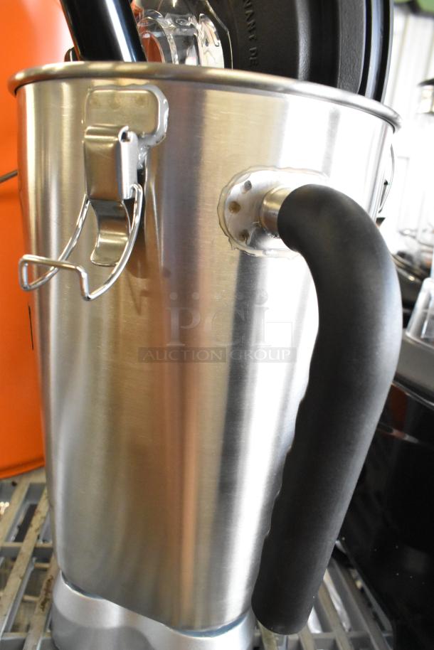 Stainless steel blender pitcher, new condition, robust handle, secure latch, ideal for AvaMix blenders.