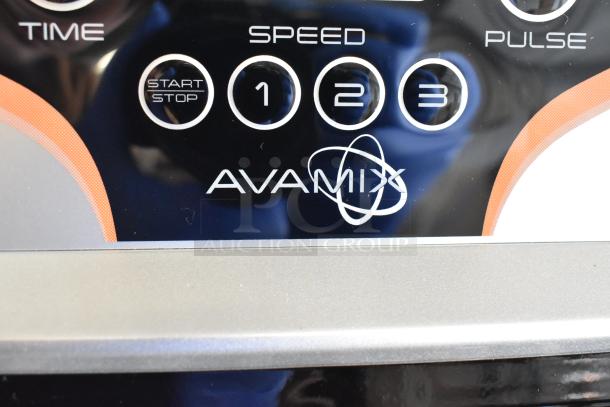 AvaMix 928BX1100E commercial blender touchpad showing speed and start/stop buttons. Features logo prominently.