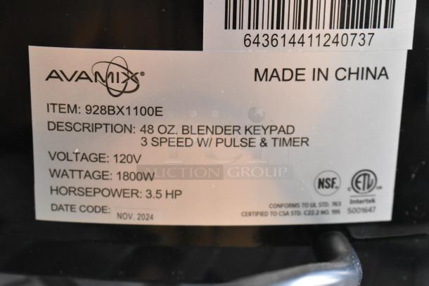 BRAND NEW AvaMix 928BX1100E 3.5 hp commercial blender, touchpad, timer, 48 oz Tritan™ container, 120V, 1-phase. Nov. 2024.