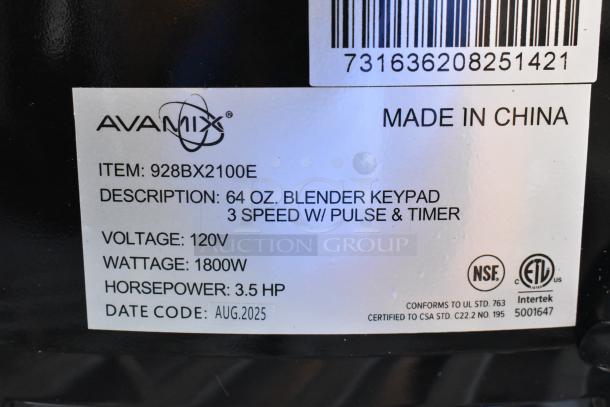 Alt text: AvaMix 928BX2100E commercial blender label. Features 64 oz. container, 3.5 hp motor, touchpad control, 120V. Made in China.