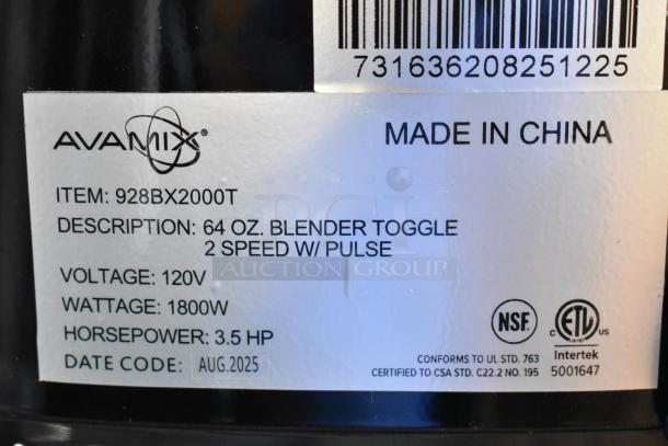 Alt text: AvaMix 928BX2000T commercial blender label showing 120V, 1800W, 3.5 HP, 64 oz Tritan container, toggle controls.