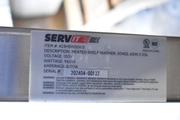Brand new ServIt 423HSW2060 stainless steel heated shelf warmer, 60", 120V, 960W, 8A. Serial: 202404-00132.