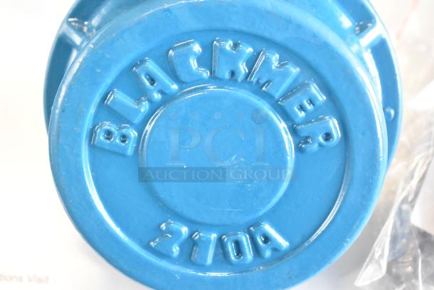 BRAND NEW SCRATCH AND DENT! Blackmer 210A blue metal drum pump, embossed with "Blackmer 210A."