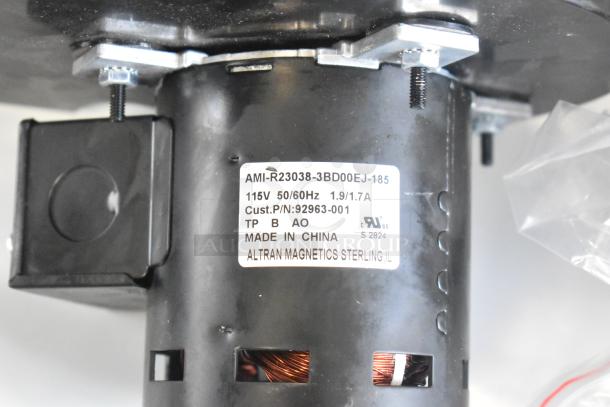 Brand new motor AMI-R23038-3BD00EJ-185, 115V, 1 phase, scratch and dent, label details visible, made in China.