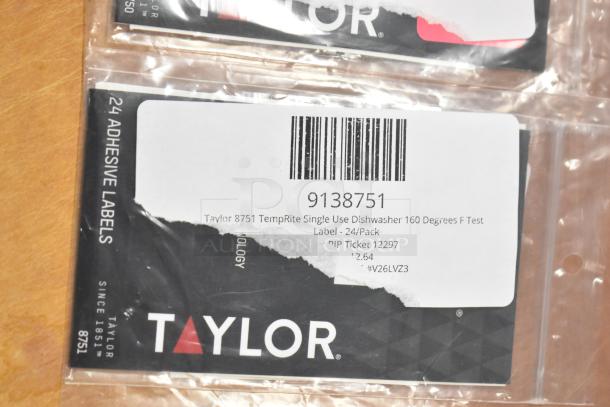 Taylor 8751 TempRite 160°F Dishwasher Test Label, 24-Pack, new in packaging with visible barcode and label details.