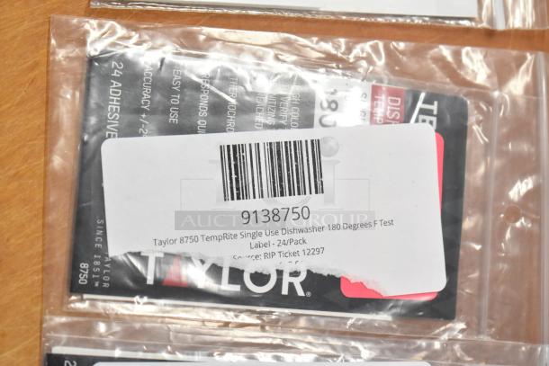 Taylor 8750 TempRite single-use dishwasher test labels 180°F, 24/pack, in new condition, label 9138750 shown.