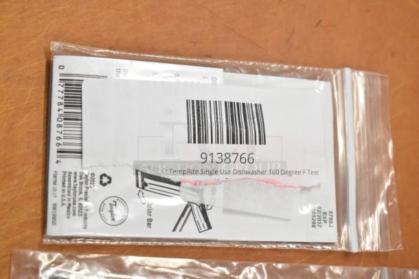 Taylor 8766J TempRite dishwasher 160°F test strip pack. Label 9138766 visible. Brand new, packaged, includes barcode.