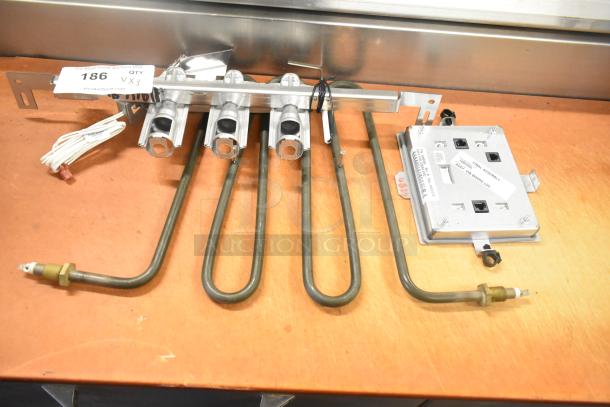 "New Frymaster 1085996SP VIB Board Assembly, with burners, lightly scratched. Auction includes 3 items. Labels indicate assembly info."
