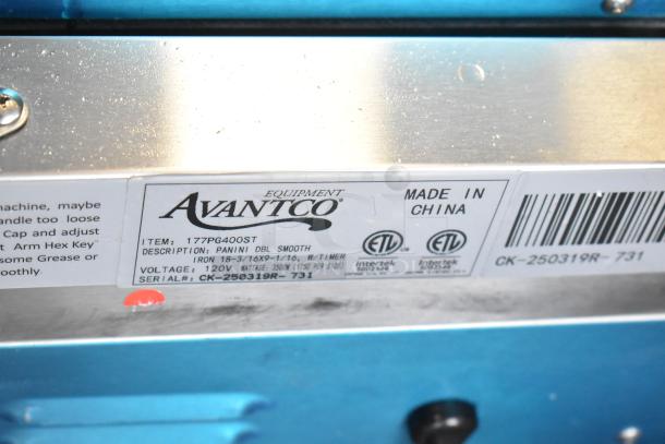 Avantco 177PG400ST label, shows model details, wattage, 120V, made in China, ETL listed, 19 5/8" x 9 1/8" cooking surface.