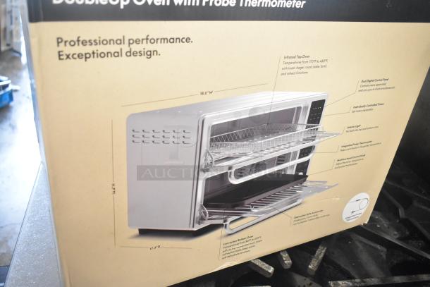 Alt text: Bella Pro DoubleUp Oven with Probe Thermometer, box detailed features, dimensions: 18.6"W x 17.3"D x 14.7"H.