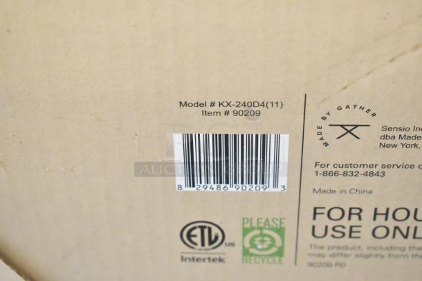 Barcode label on Bella Pro DoubleUp Oven box. Model KX-240D4(11), Item 90209, ETL certified, made in China.