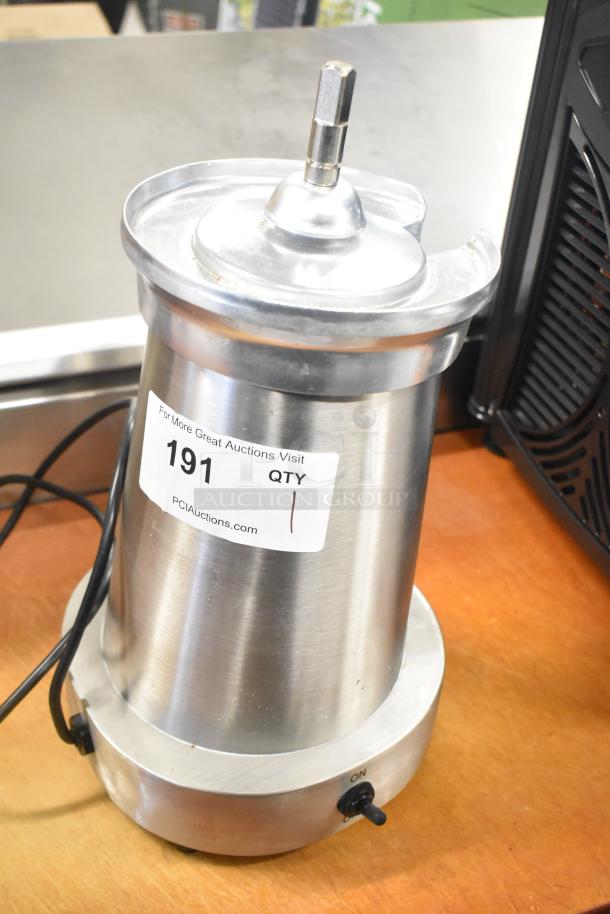 AvaMix 928CJ1400 electric stainless steel citrus juicer base, scratch and dent, 120V, 1 phase, on/off switch, auction label.