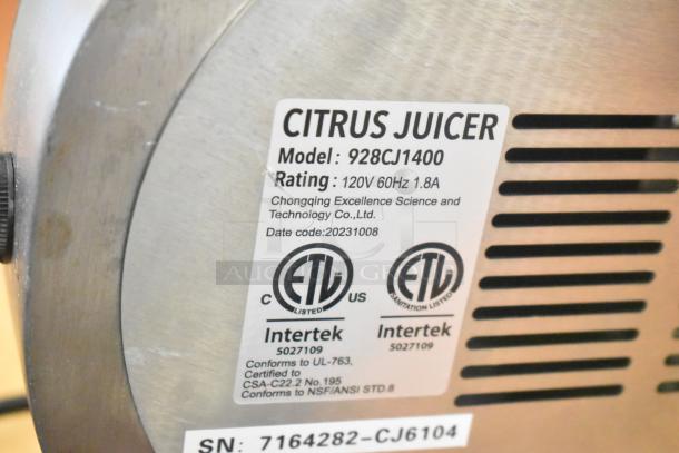 Brand new AvaMix 928CJ1400 electric citrus juicer base, stainless steel, 120V, 1 phase, visible ETL and Intertek labels.