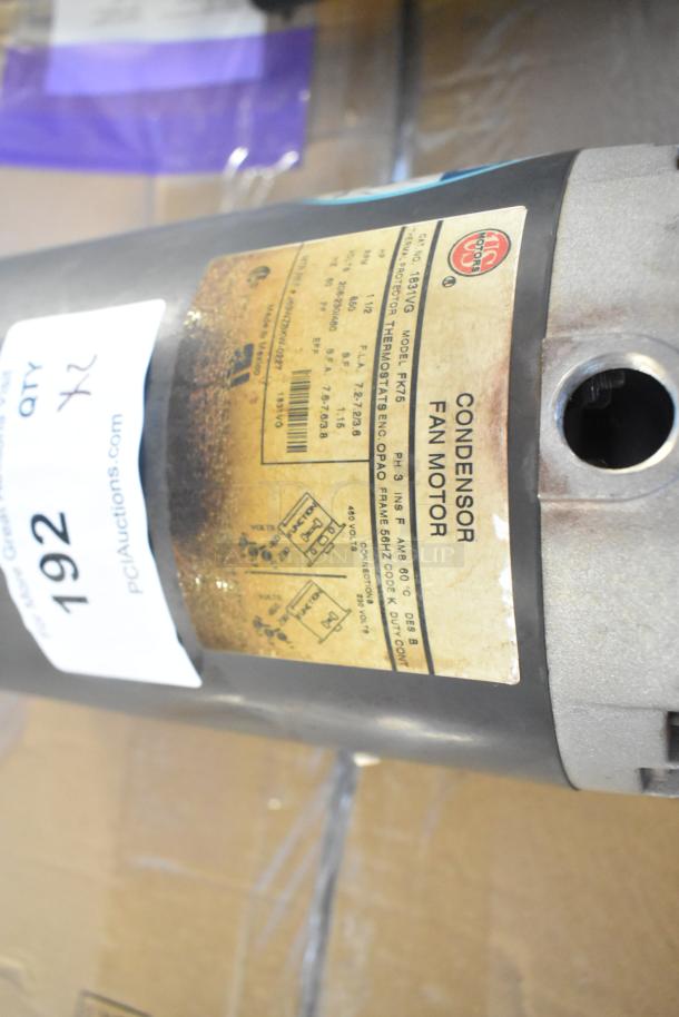 US Motors condenser fan motor, model 1813VG, with specifications label visible. Auction lot: 2 items.