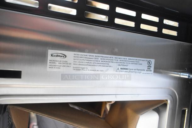KoolMore KM-CWO30-SS 30" stainless steel built-in microwave, convection, 120V, new with scratch and dent, label detail shown.
