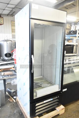 Beverage Air MMR27HC-1-B cooler merchandiser; single door, missing outer glass pane, 115V, 1 phase, metal body, handles visible.