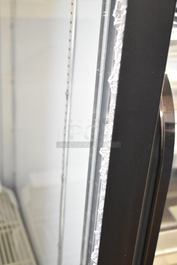 Beverage Air MMR27HC-1-B cooler, missing outer glass pane, black metal frame visible, 115V, 1 phase, commercial use.