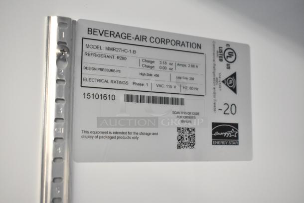 Beverage Air MMR27HC-1-B label showing model, refrigerant R290, electrical ratings, and Energy Star certification.
