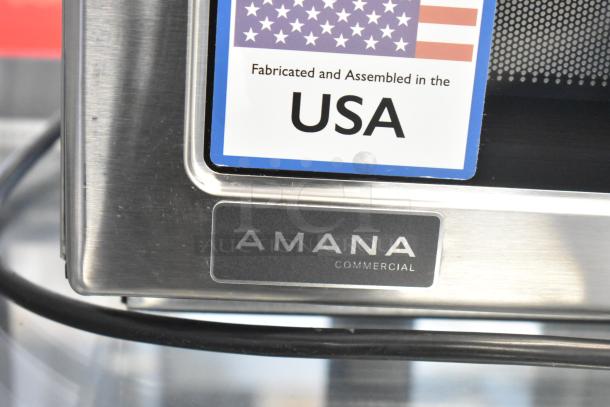 2025 Amana RCS10TS stainless steel commercial microwave, 120V, 1 phase, USA-made label, Amana logo visible.