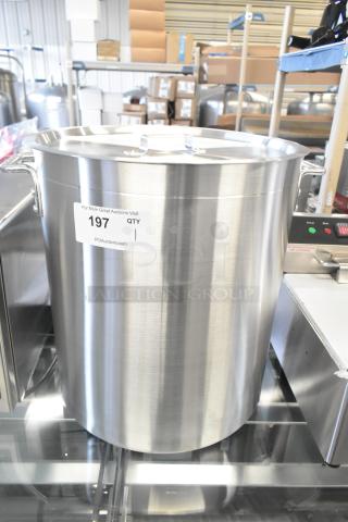 Choice 471GR60QT 60 Qt. Aluminum Stock Pot with steam insert, standard weight, brushed finish, visible auction label.
