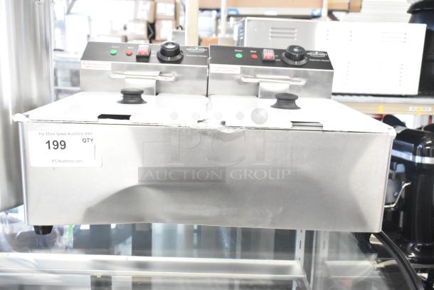 Mainstreet 177F20E stainless steel dual tank electric fryer, brand new, 20 lb. capacity, 110V, with 2 baskets and lids.