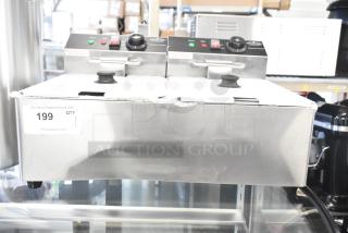 BRAND NEW SCRATCH AND DENT! Mainstreet 177F20E Stainless Steel Commercial Countertop 20 lb. Dual Tank Electric Countertop Fryer w/ 2 Metal Fry Baskets and 2 Lids. 110 Volts, 1 Phase. - Item #1226857