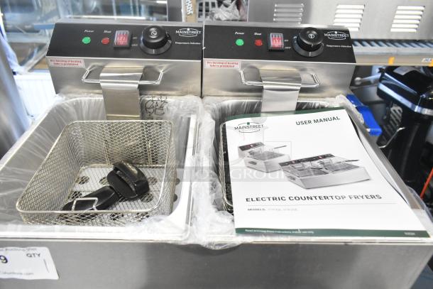 Mainstreet 177F20E stainless steel dual tank electric fryer, 20 lb. capacity, brand new, includes two metal fry baskets, 110V.