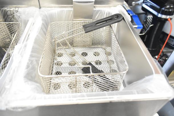 BRAND NEW Mainstreet 177F20E stainless steel dual tank electric fryer, 20 lb capacity, with two metal baskets and lids.