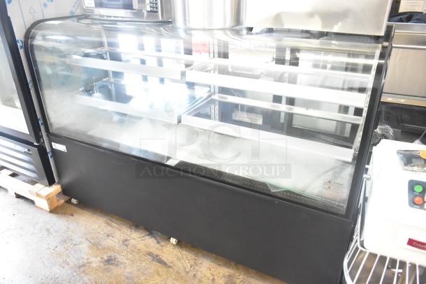 Avantco metal commercial deli display case merchandiser, glass front, shelves visible, new condition, brand label at the bottom.