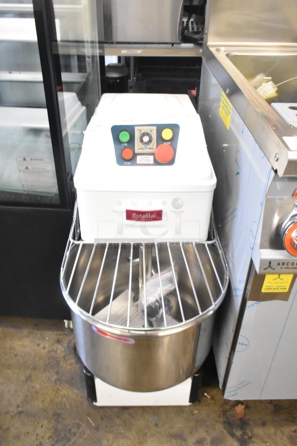 Estella 348SM30 spiral dough mixer with 30 qt. stainless steel bowl, bowl guard, and dough hook. Two-speed, 120V, 1 phase.