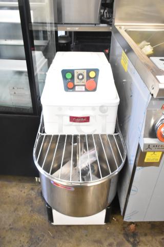 BRAND NEW SCRATCH AND DENT! Estella 348SM30 Metal Commercial 30 Qt. / 42 lb. Two-Speed Spiral Dough Mixer w/ Stainless Steel Mixing Bowl, Bowl Guard, and Dough Hook Attachment. 120 Volts, 1 Phase. Tested and Does Not Power On - Item #1226859