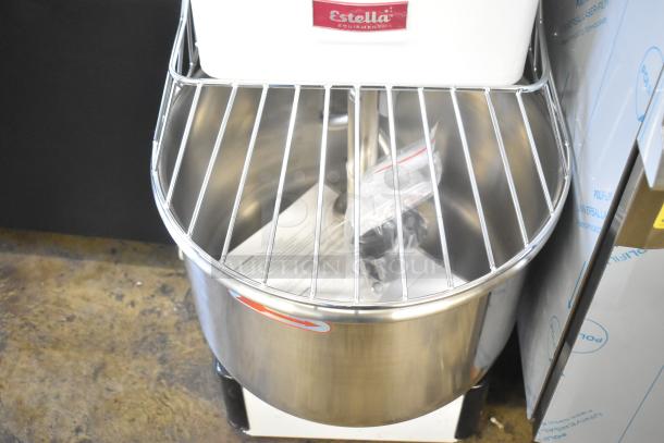 Estella 348SM30 spiral dough mixer with stainless steel bowl, bowl guard, and dough hook. New condition, 120V, 1 phase.