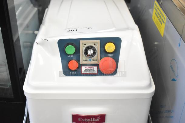 Estella 348SM30 Spiral Dough Mixer, 30 Qt., stainless bowl, bowl guard, dough hook, two-speed, 120V, control panel visible.