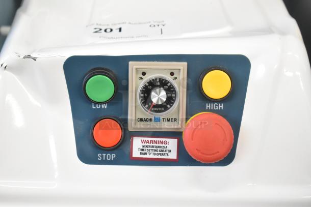 Control panel of Estella 348SM30 Spiral Dough Mixer with timer, speed buttons, and safety warning label.