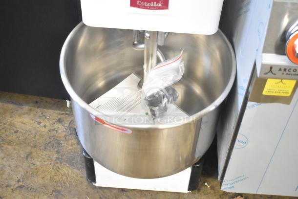 Estella 348SM30 30 Qt. commercial spiral dough mixer with stainless steel bowl, bowl guard, and dough hook. Includes user guide.
