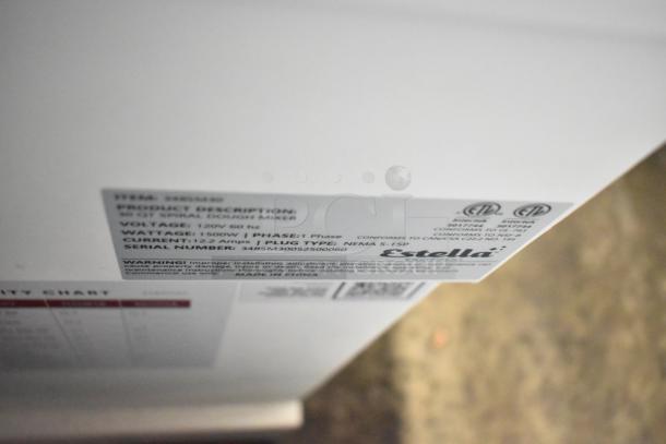 Estella 348SM30 30 Qt. Spiral Dough Mixer label, showing specifications: 120V, 1 Phase, 1500W, NEMA 5-15P plug.