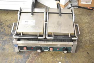 Waring WFG300 Stainless Steel Commercial Countertop Double Panini Press. 240 Volts, 1 Phase. - Item #1226860