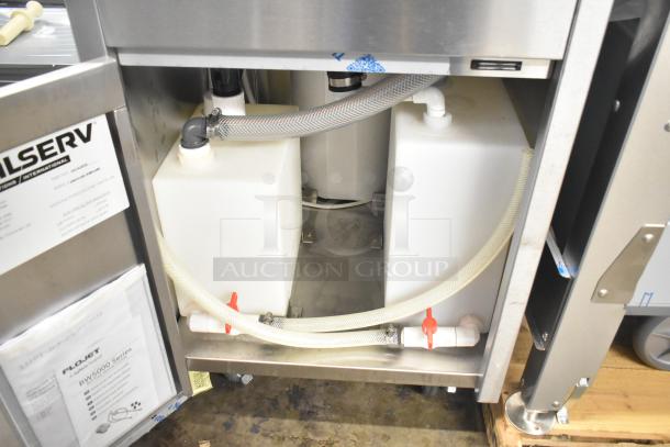 QualServ stainless steel portable sink with commercial casters, visible plumbing components, and labels. 120V, 1 Phase.