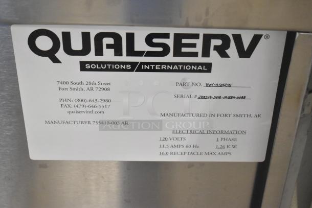 QualServ stainless steel portable sink on casters, 120V, 1 phase. Manufacturer info and electrical specs on label.