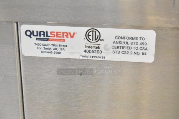 QualServ stainless steel portable sink on casters, 120V, 1 phase. Label indicates ANSI/UL and CSA certification. Serial #499-0455.