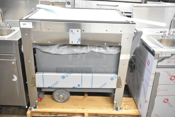 BRAND NEW Follett LQ1BASE stainless steel ice machine stand with poly ice bin, visible protective film, slight scratch and dent.