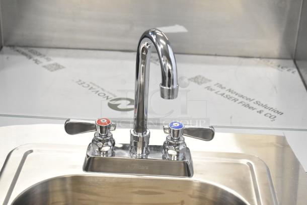 QualServ stainless steel commercial portable sink with dual faucet handles, brand new with slight imperfections.