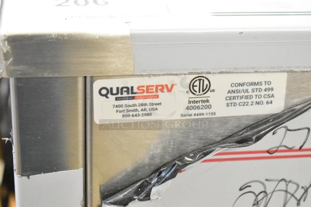 QualServ stainless steel commercial portable sink with scratches, on casters. Label indicates UL and CSA certification. 120V, 1 Phase.