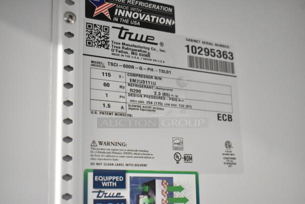 Label of a 2021 True TSCI-600R-G-PH cooler, showing details like voltage (115V), refrigerant (R290), and serial number (10295363).