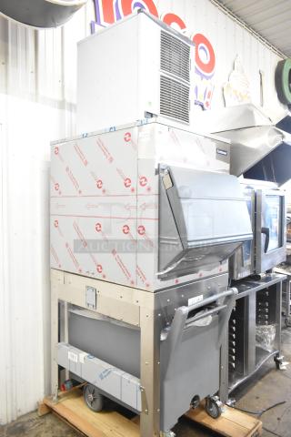 BRAND NEW SCRATCH AND DENT! 2024 Scotsman FS1222A-32B Stainless Steel Commercial Ice Head on 2025 Scotsman ICS730-A Stainless Steel Ice Bin on Follett Stand w/ Gray Portable Ice Cart. - Item #1226866