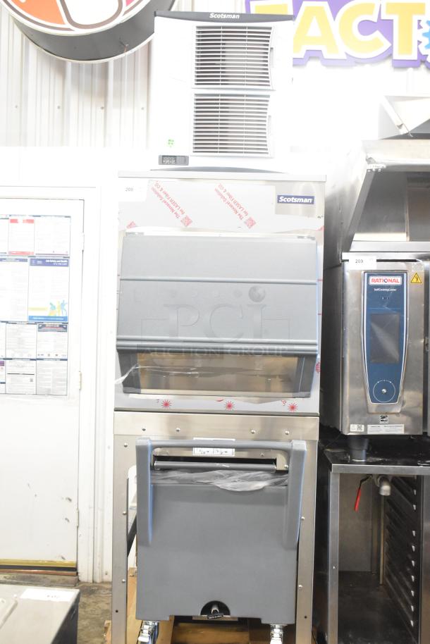 BRAND NEW 2024 Scotsman FS1222A-32B stainless steel ice head on 2025 Scotsman ICS730-A bin with Follett stand and gray cart.