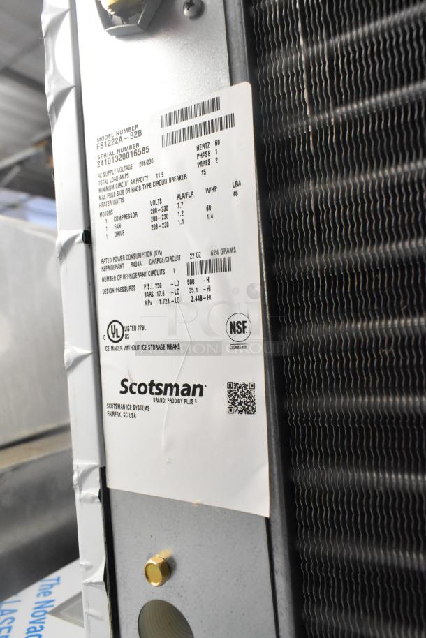 Scotsman FS1222A-32B stainless commercial ice head label shows model, serial number, voltage, and UL, NSF certifications.