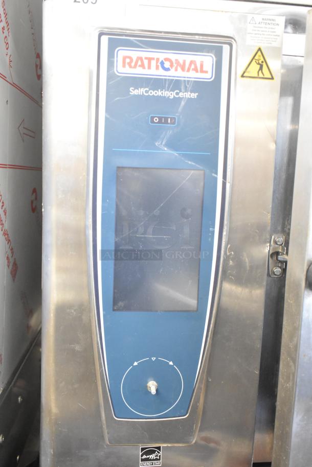 2019 Rational SCC WE 62 Self Cooking Center, stainless steel, with UltraVent Plus hood, on rack stand. Door issue noted.