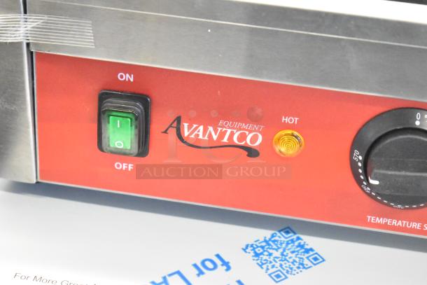 Avantco 177PG400 stainless steel dual panini grill with grooved plates, new, 19 5/8" x 9 1/8" surface, 120V.
